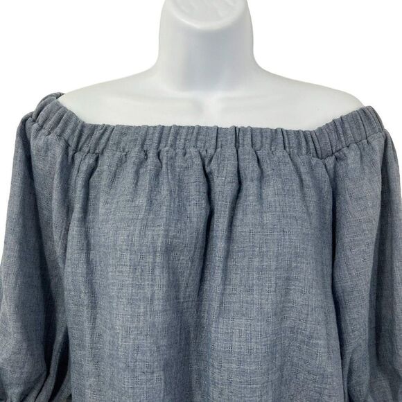 Lulu's Tender Moments Chambray Off the Shoulder Tie Sleeve Cropped Blouse Top - Picture 7 of 10
